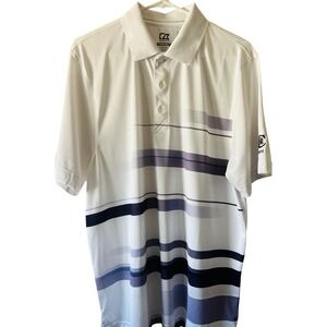Cutter & Buck Men's‎ Golf Polo Shirt White Purple Stripe Size L Moisture Wicking